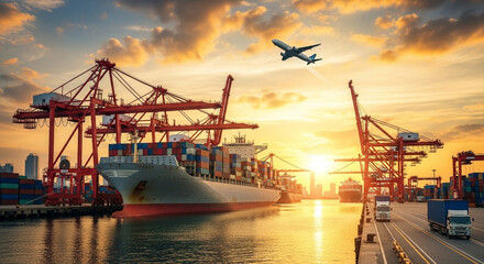 Obraz premium A bustling port scene with cargo ships trucks and a plane showing global trade and transportation