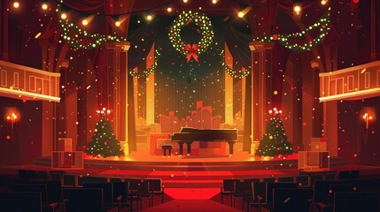 Elegant holiday concert setting with sparkling stage lights and musical warmth