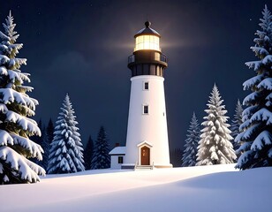 Snowy lighthouse at night