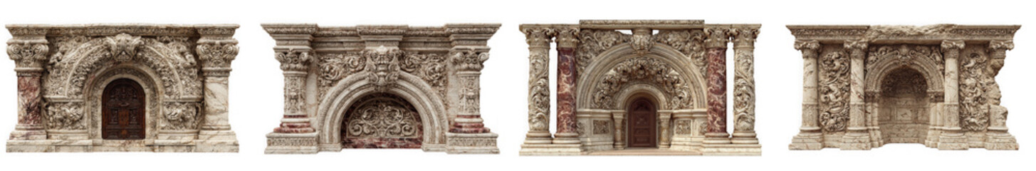 Fototapeta premium Collection of ornate ancient architectural fragments with detailed carvings isolated on transparent background