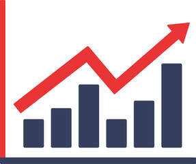 Red arrow positive rise. Bar chart with uptrend and red arrow, negative or positive dynamic concept.