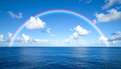 A vibrant rainbow arches over a tranquil ocean