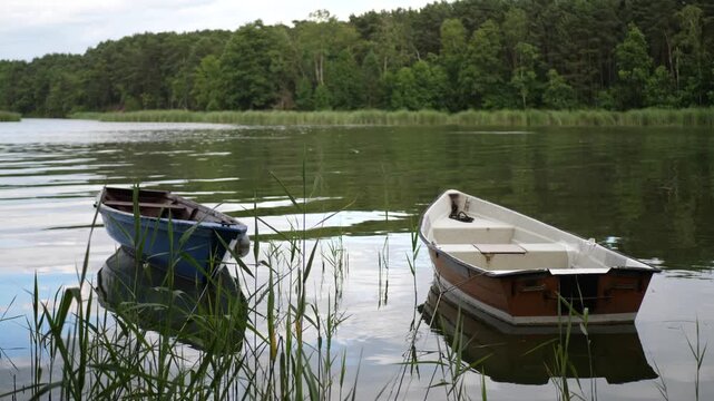 Two small wooden rowboats gently sway on calm lake water near the shore, surrounded by reeds. Peaceful natural scenery on a quiet day, captured with soft movement.