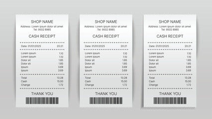 Realistic 3D Vector Paper Shop Receipts with Barcode – Isolated Printed Sales Bill Template for POS, ATM, and Payment Records Mockup