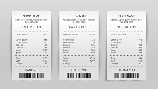 Realistic 3D Vector Paper Shop Receipts with Barcode – Isolated Printed Sales Bill Template for POS, ATM, and Payment Records Mockup