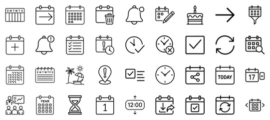Calendar and scheduling icons set in line art style in black and white representing time management
