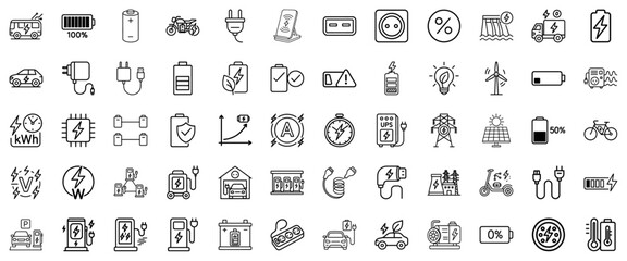 Charging and electricity icon set in line art style in black and white representing power and energy