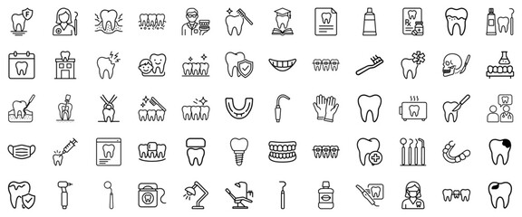 Dental care and dentistry icon set in line art style in black and white for medical applications