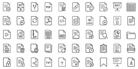 File type and document action icon set in minimal line style in black and white for software interfaces
