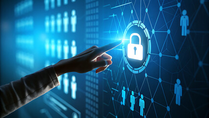 A persons finger touches a digital padlock icon on a futuristic interface, symbolizing cybersecurity and data protection in the digital age