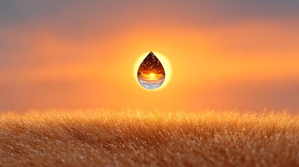 Refraction: A water droplet suspended above a field reflects the sunset capturing its warm tones.