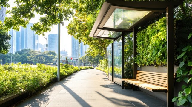 Modern urban bus shelter with green living roof and vertical plant walls providing shade, minimal glass design and wooden benches under bright daylight for sustainable city concept
