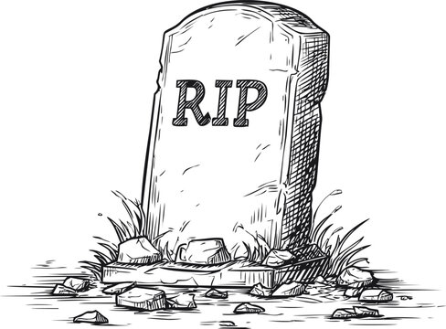 Sketch of a gravestone with rip inscription surrounded by grass and rocks. Vector illustration