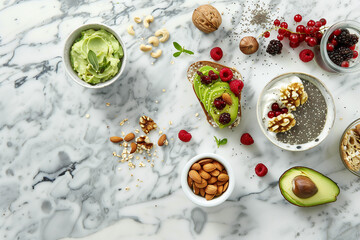 Healthy Flat Lay with Avocado Toast, Chia Pudding, and Nuts