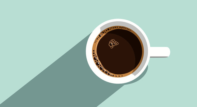 Vector art of top view of a white cup filled with dark coffee, casting a long shadow on a teal background