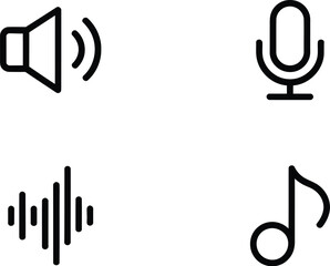 Audio Media Icon Set – Black Line Sound, Mic, Wave, and Music Note Vector Symbols