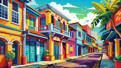 Obraz premium George Town, Penang, Malaysia – Colonial buildings with colorful murals line narrow streets. This multicultural city is a vivid blend of history and street art, perfect for lively vector scenes.