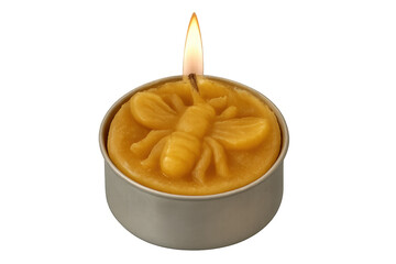 Beeswax candle crafted as buzzing bee, emitting soft golden glow with dancing flame on clear backdrop