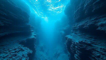 Underwater canyon with cascading blue layers creating a liquid avalanche visible through sonar-like ripples.