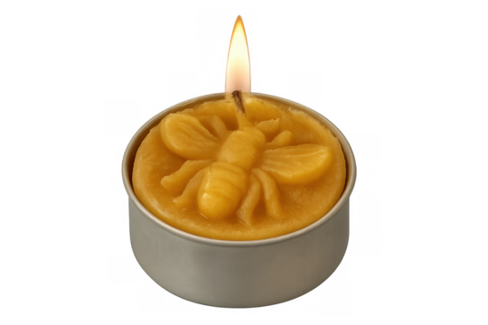 Beeswax candle crafted as buzzing bee, emitting soft golden glow with dancing flame on clear backdrop