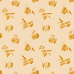Minimalistic seamless pattern with rustic, textured silhouettes of citrus fruits and leaves in warm orange on a soft beige background. for modern packaging, eco-branding, fabric design, kitchen textil