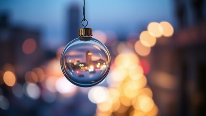 Clear Glass Christmas Ornament Hanging Against a City Lights Bokeh Background

