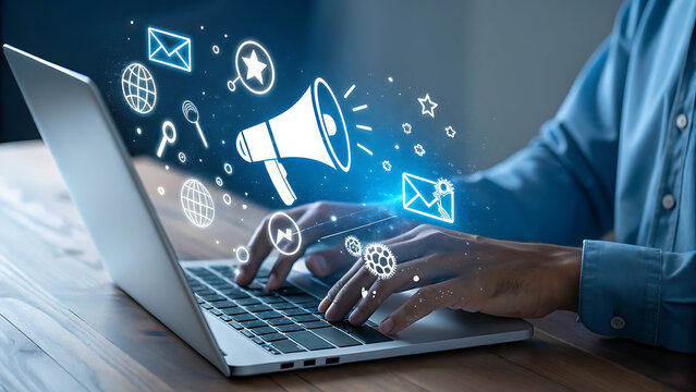 A person is typing on a laptop, interacting with digital marketing icons, representing social media communication and online advertising