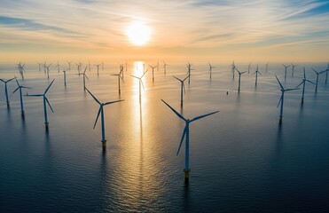Offshore windmill field spreads across calm sea during golden hour, representing environmental balance and sustainable power in tranquil landscape