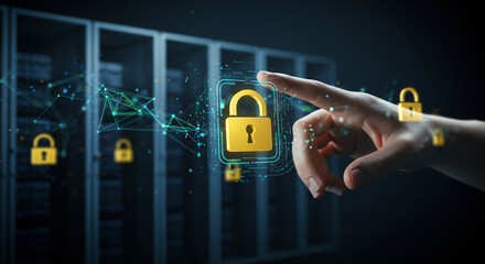 Hand interacting with digital padlock in front of server racks representing data security concept