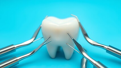 Dental tools in protective circle around aging tooth under clinical light