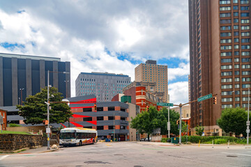 Baltimore financial district with public transit and high-rises