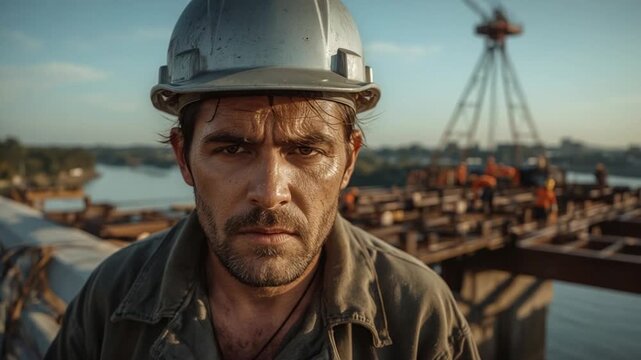 Construction Worker's Portrait on Bridge Site