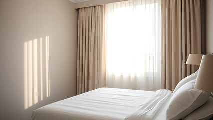 A serene hotel room bathed in morning light, with neatly made bed and sheer curtains.