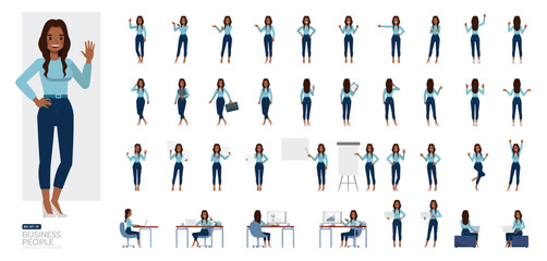 Big Set of businesswoman with long wavy hair wear blue shirt character vector design. People working in office planning, thinking and economic analysis.