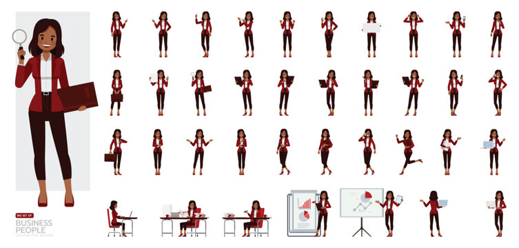 Big Set of businesswoman wear red suit character vector design. People working in office planning, thinking and economic analysis.