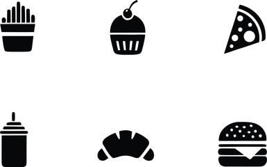 Naklejka premium Collection of simple black icons representing fast food and sweet treats