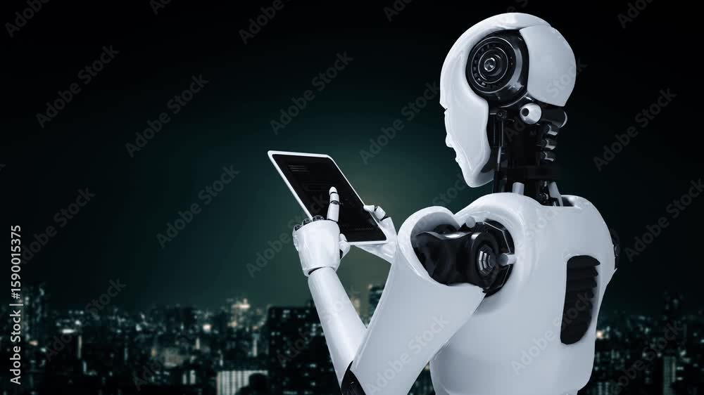 Poster robot hominoid using tablet computer in concept of ai thinking brain , artificial intelligence and m