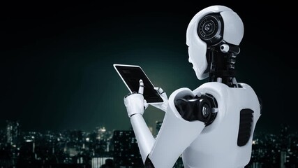 Robot hominoid using tablet computer in concept of AI thinking brain , artificial intelligence and machine learning process for the 4th fourth industrial revolution . 3D rendering. - Powered by Adobe