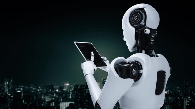 Robot hominoid using tablet computer in concept of AI thinking brain , artificial intelligence and machine learning process for the 4th fourth industrial revolution . 3D rendering.