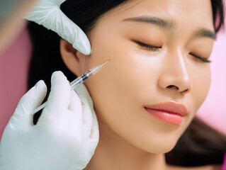 Close-up of young Asian woman receiving cosmetic facial injection in cheek area. Beautician wearing gloves holding syringe during aesthetic anti-aging treatment