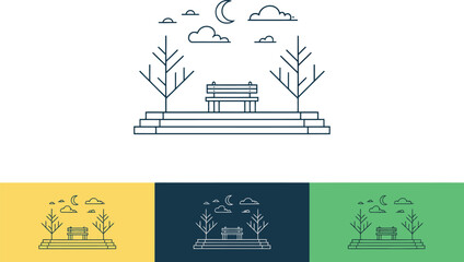 A minimalist line drawing of a park bench at night under a crescent moon and scattered clouds