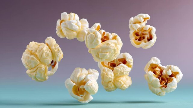 Air-popped popcorn kernels floating in mid-air against a soft gradient background, showcasing their fluffy texture and golden-brown centers, perfect for snack lovers and culinary enthusiasts