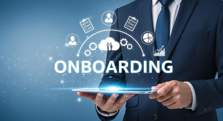 A businessman holding a tablet with onboarding graphic overlay against a blue gradient background