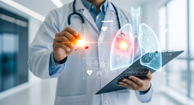 Doctor holding pills and clipboard with lungs hologram in modern hospital setting for medical analysis