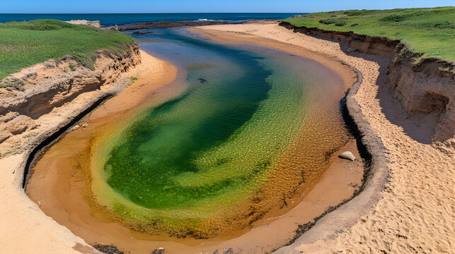 Aerial view of tropical river meeting the beach and ocean