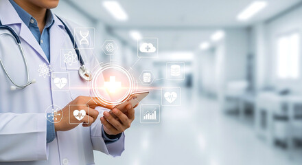 A doctor in a white coat using a smartphone with medical icons floating around in a hospital hallway