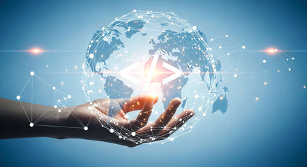 A hand holding a digital globe with coding symbols and connected dots against a blue gradient background