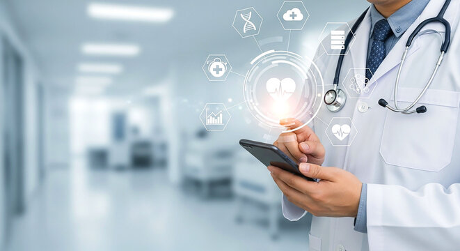 A doctor in a white coat using a smartphone with medical icons floating around in a hospital hallway - Powered by Adobe