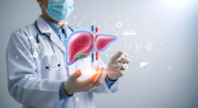 A doctor presenting a liver hologram with medical interface in a modern hospital environment setting