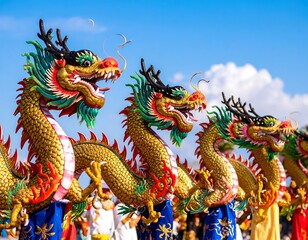 Festive dragon parade against a vibrant sky